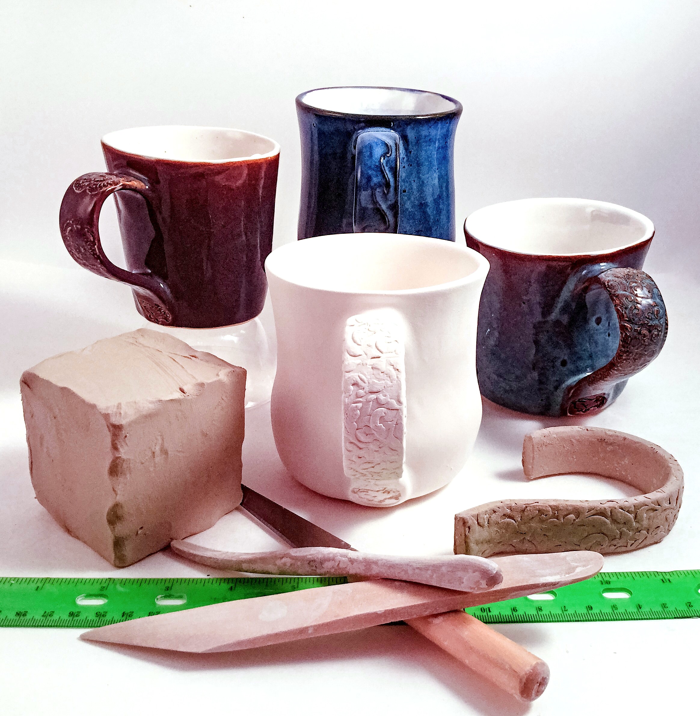 Pottery tools and clay workspace in the studio